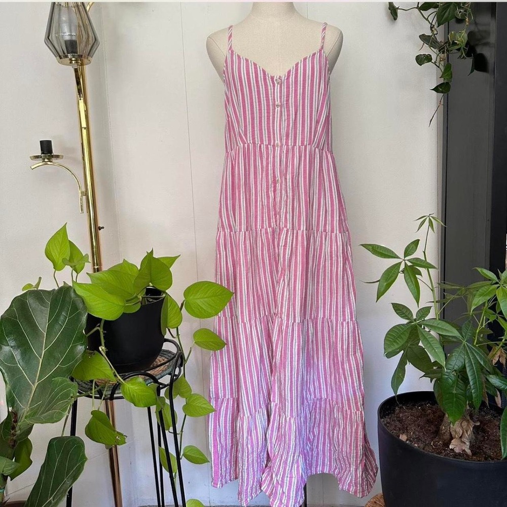 Universal Thread Pink Striped Tiered Maxi Dress Button Front Large